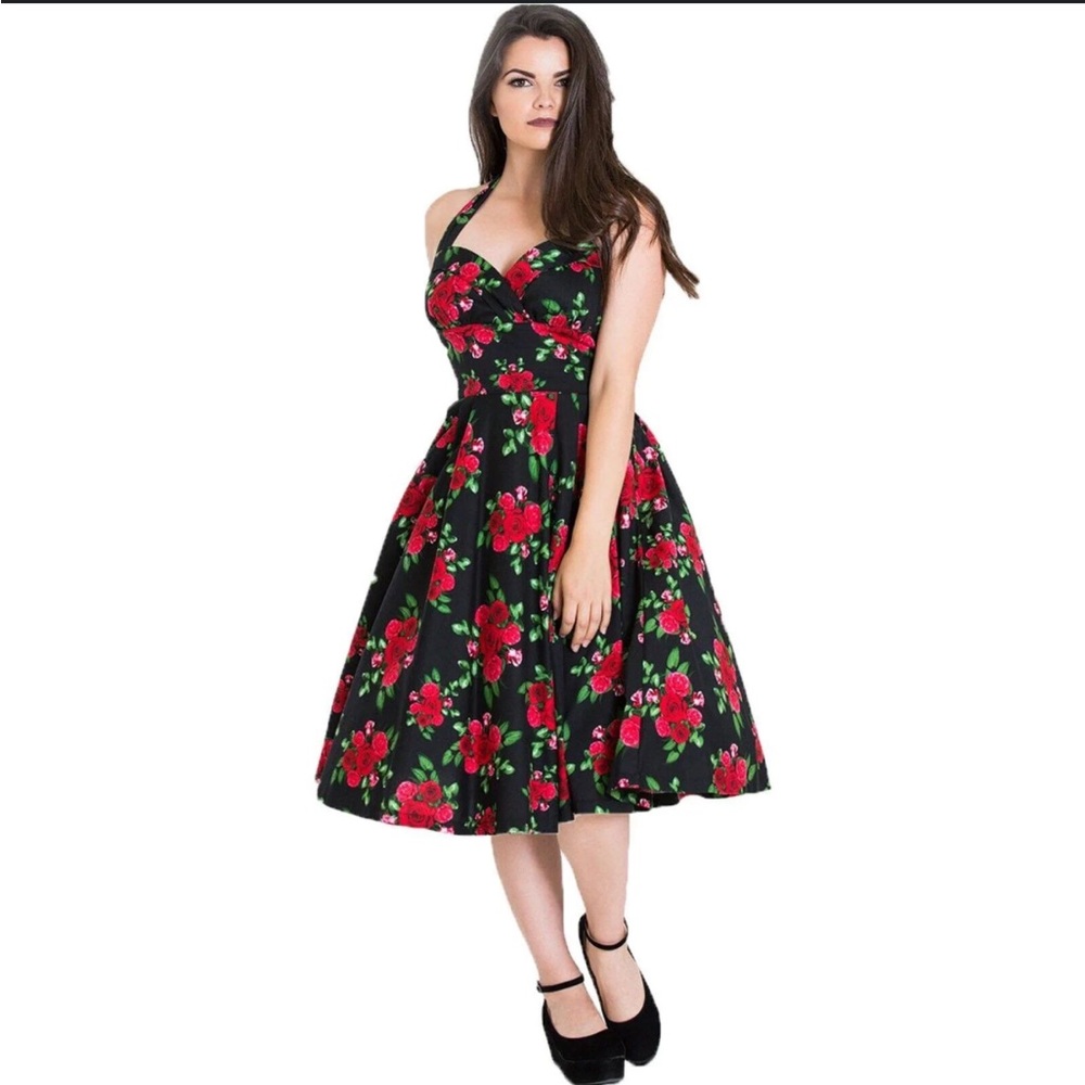 Hell Bunny Vixen XS Red Rose Floral on Black Swing, Vintage Dress Halter